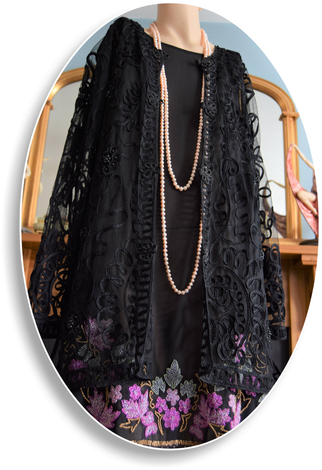 Vintage net Mesh Black Art Deco Avant Garde Semi Sheer 1920s flapper Charleston coat Long Jacket Kimono Duster size UK 12 14 US 8 10