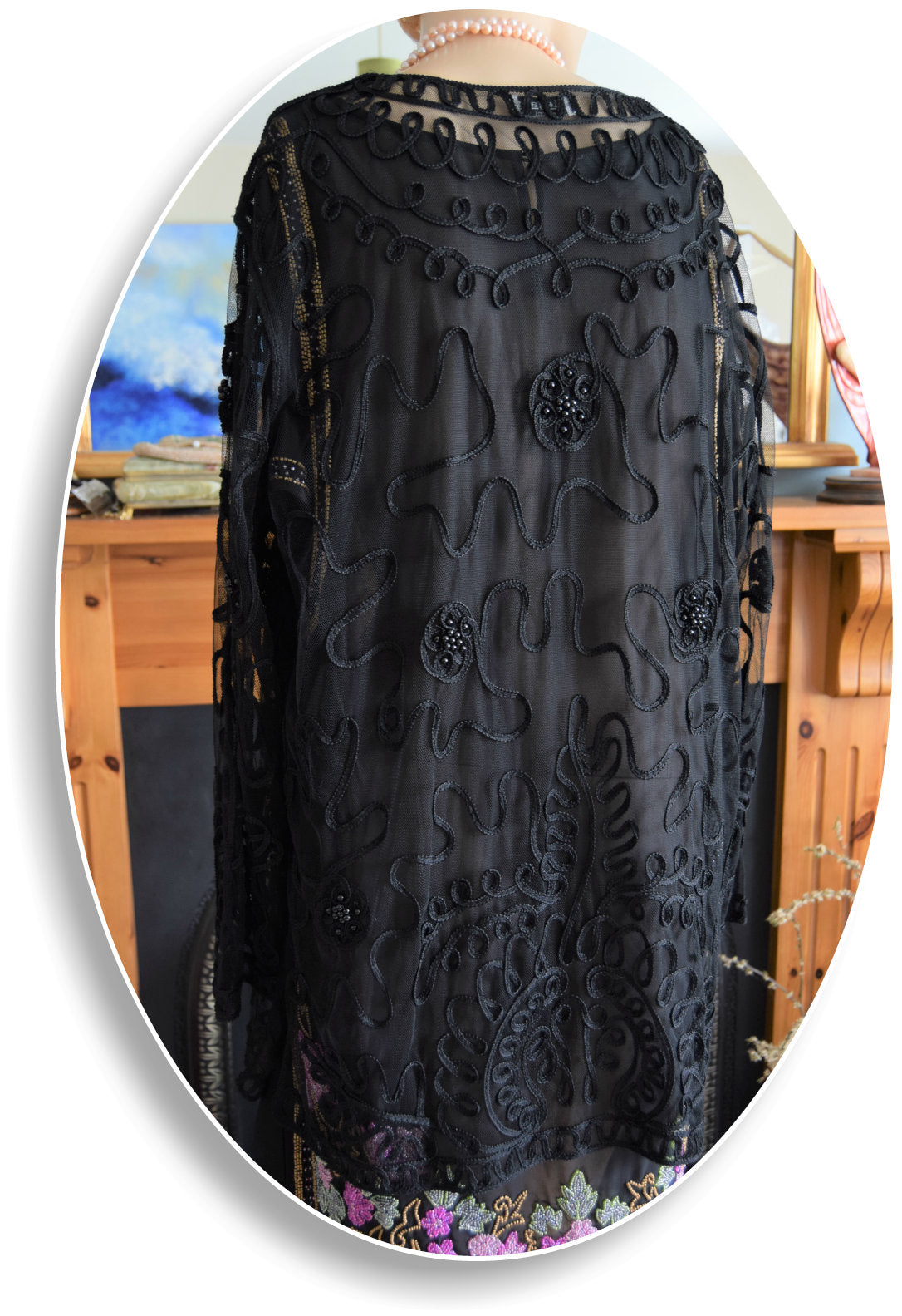 Vintage net Mesh Black Art Deco Avant Garde Semi Sheer 1920s flapper Charleston coat Long Jacket Kimono Duster size UK 12 14 US 8 10