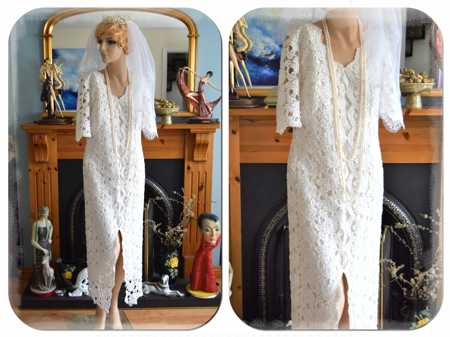 Art Deco Vintage 1920s 1930s Lace Three Dimentional Downton Abbey flapper wedding dress size UK 14 US 10