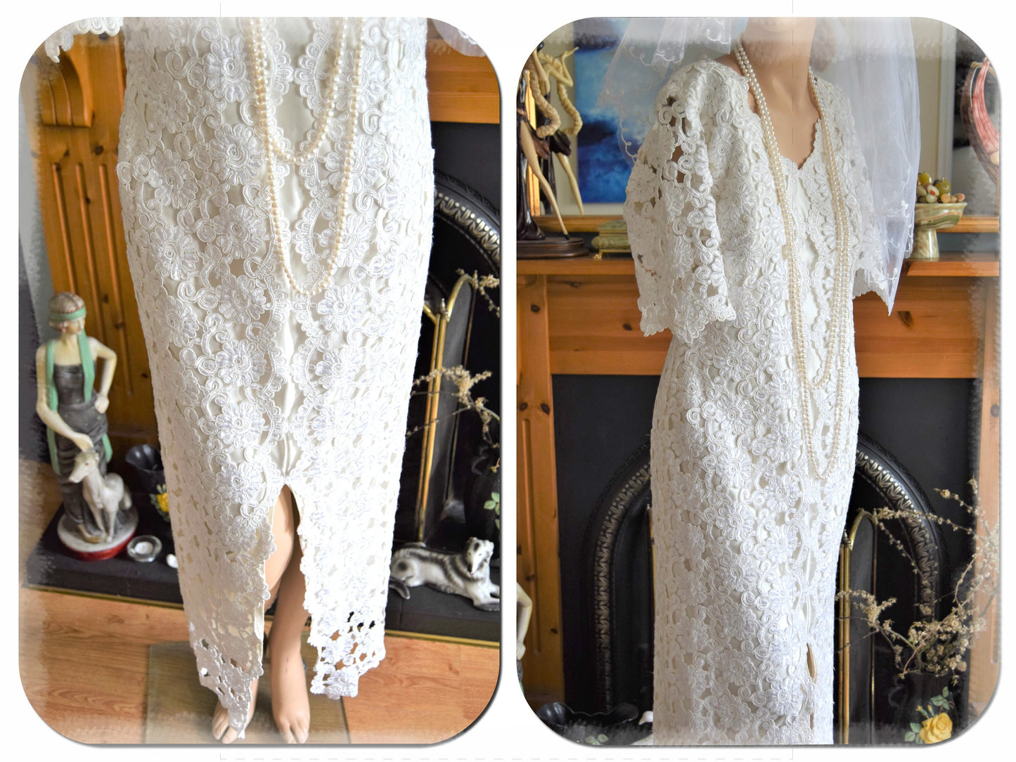 Art Deco Vintage 1920s 1930s Lace Three Dimentional Downton Abbey flapper wedding dress size UK 14 US 10