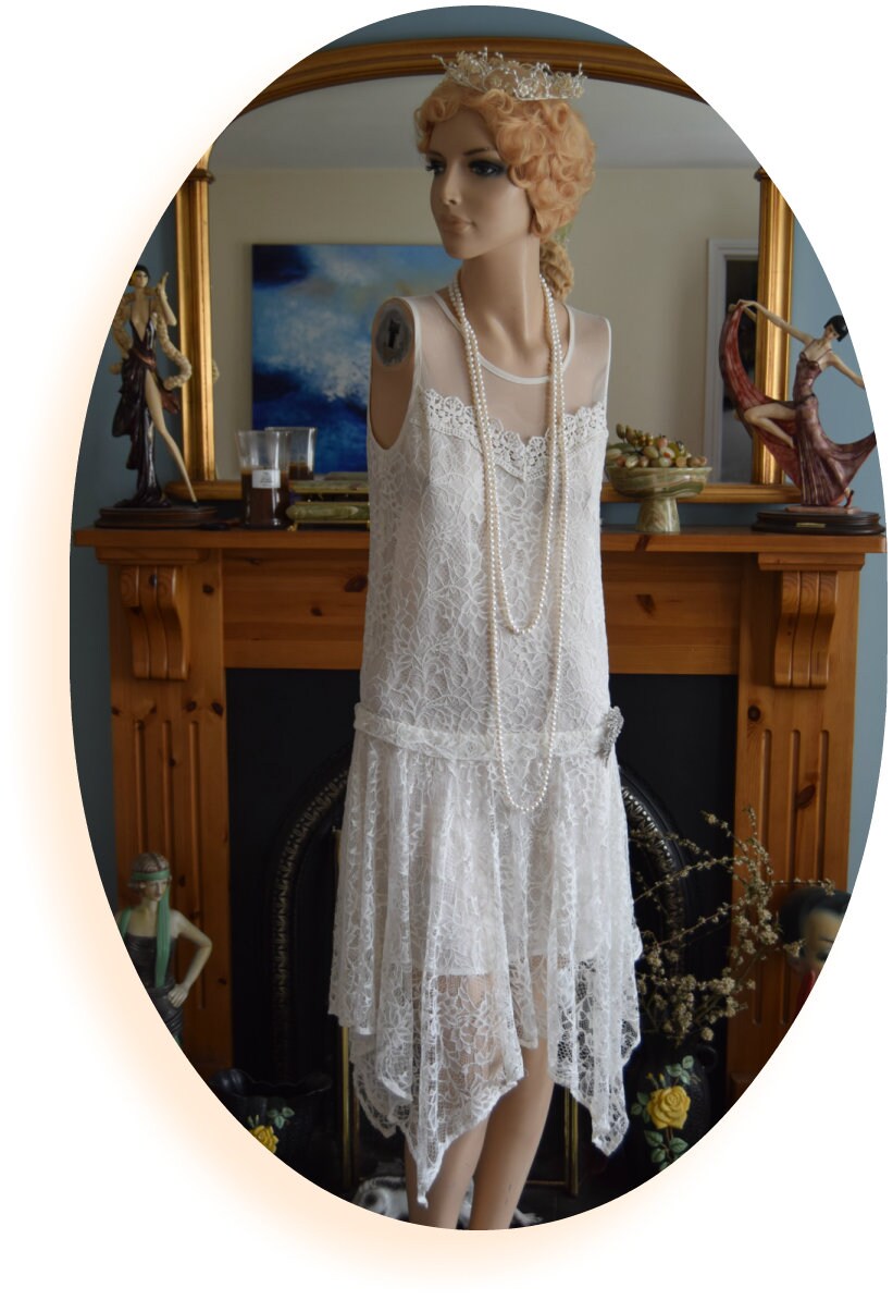 1920s wedding dress 1930s wedding dress All Lace Mesh flapper bride Vintage White Wedding Gown Great Gatsby size UK 8 10 US 4 6