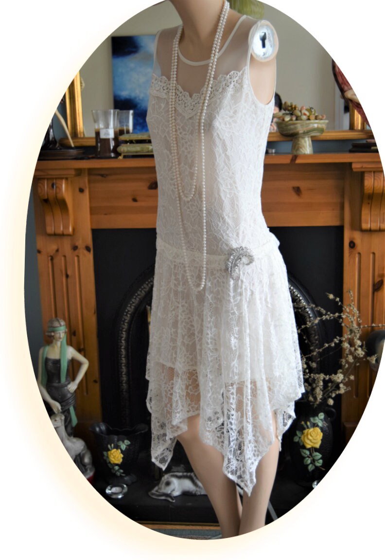 1920s wedding dress 1930s wedding dress All Lace Mesh flapper bride Vintage White Wedding Gown Great Gatsby size UK 8 10 US 4 6