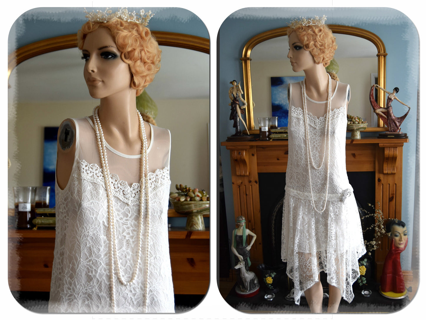 1920s wedding dress 1930s wedding dress All Lace Mesh flapper bride Vintage White Wedding Gown Great Gatsby size UK 8 10 US 4 6