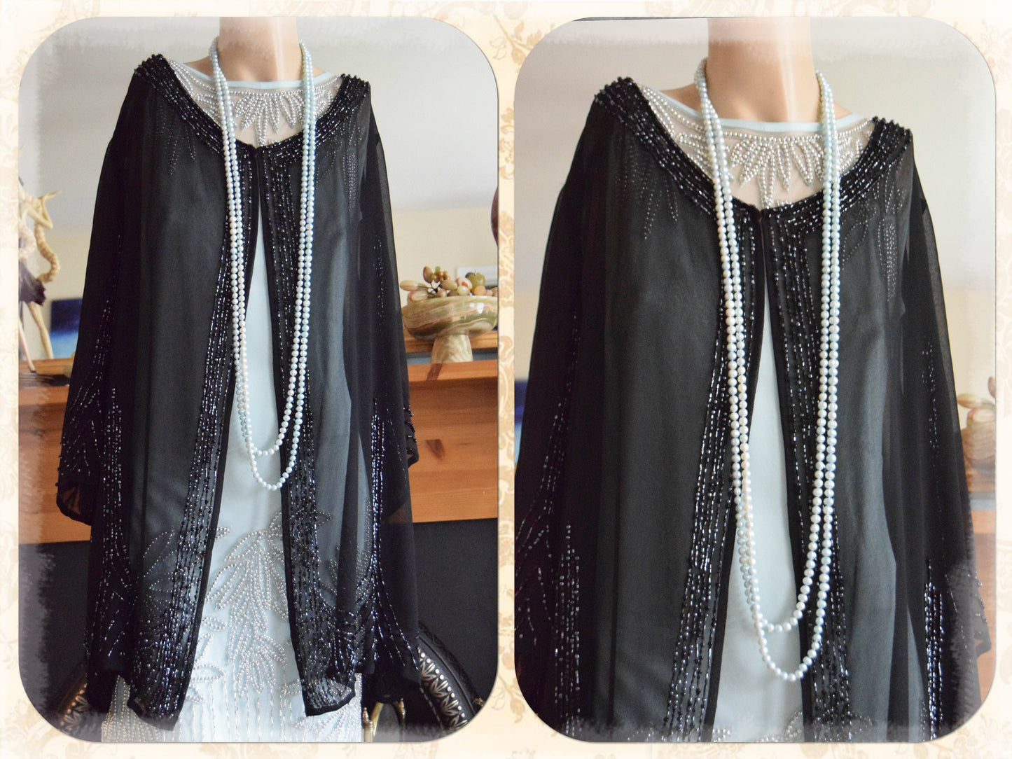 Vintage mesh black Art Deco semi Sheer 1920s flapper all silk embellished beaded evening coat long jacket duster size UK 12 14 US 8 10
