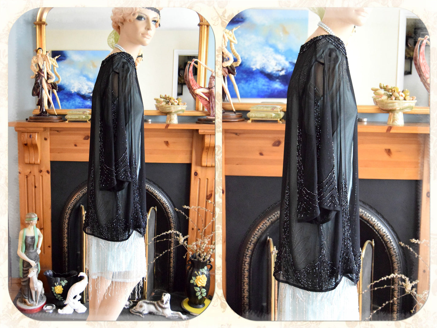 Vintage mesh black Art Deco semi Sheer 1920s flapper all silk embellished beaded evening coat long jacket duster size UK 12 14 US 8 10