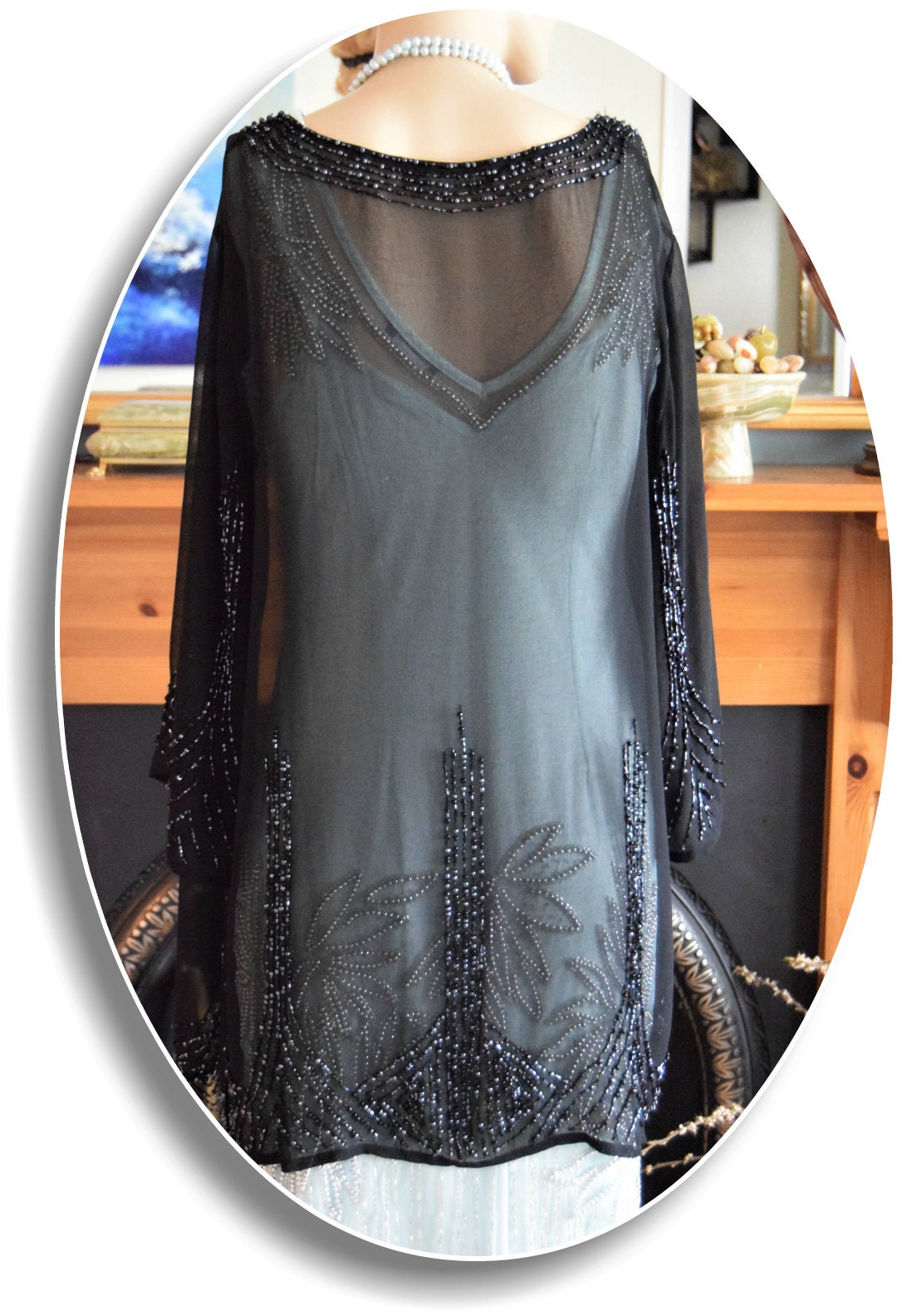 Vintage mesh black Art Deco semi Sheer 1920s flapper all silk embellished beaded evening coat long jacket duster size UK 12 14 US 8 10