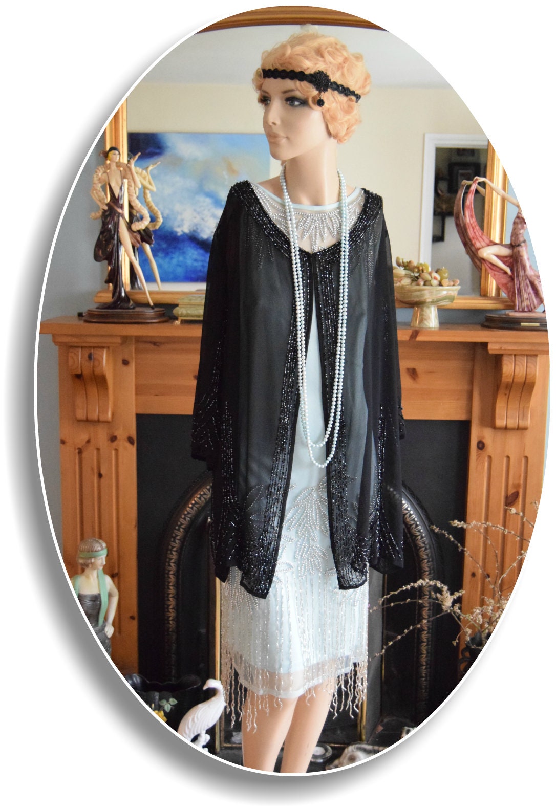 Vintage mesh black Art Deco semi Sheer 1920s flapper all silk embellished beaded evening coat long jacket duster size UK 12 14 US 8 10