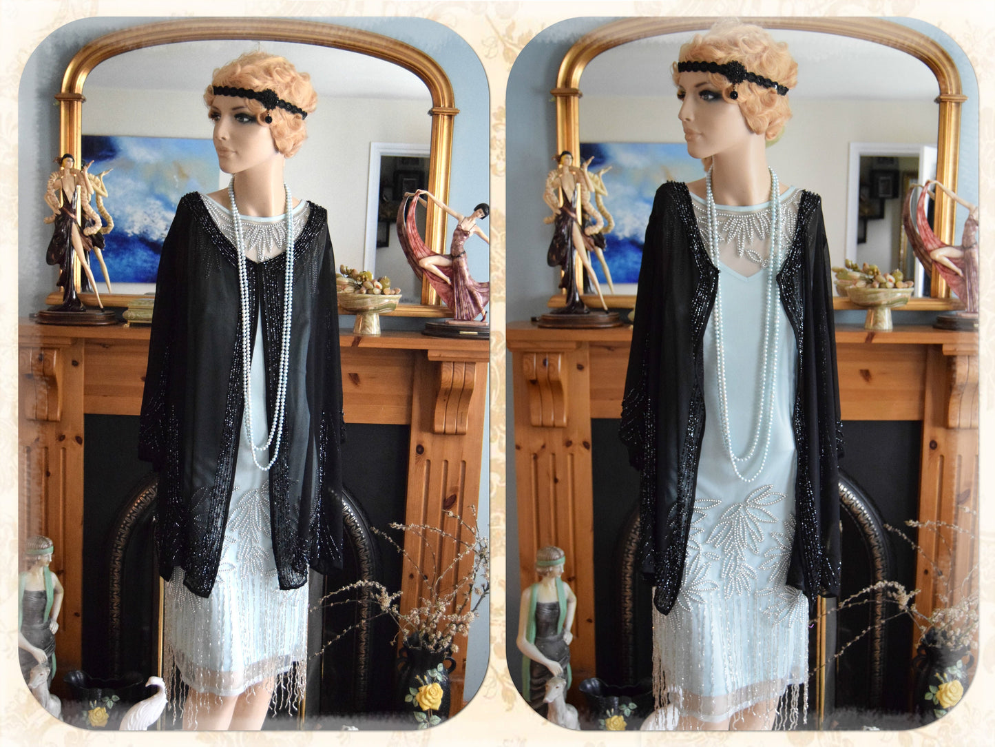 Vintage mesh black Art Deco semi Sheer 1920s flapper all silk embellished beaded evening coat long jacket duster size UK 12 14 US 8 10