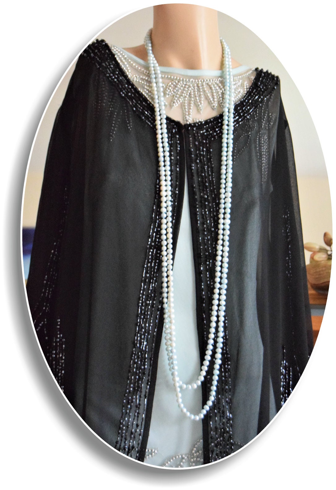 Vintage mesh black Art Deco semi Sheer 1920s flapper all silk embellished beaded evening coat long jacket duster size UK 12 14 US 8 10
