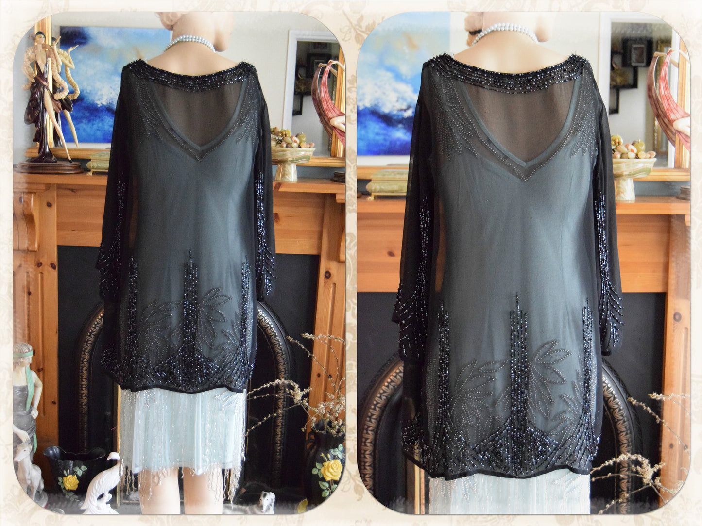 Vintage mesh black Art Deco semi Sheer 1920s flapper all silk embellished beaded evening coat long jacket duster size UK 12 14 US 8 10