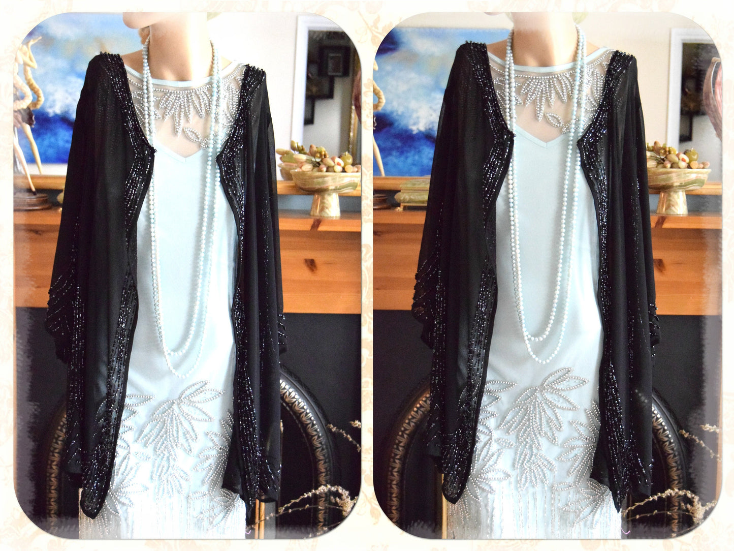 Vintage mesh black Art Deco semi Sheer 1920s flapper all silk embellished beaded evening coat long jacket duster size UK 12 14 US 8 10