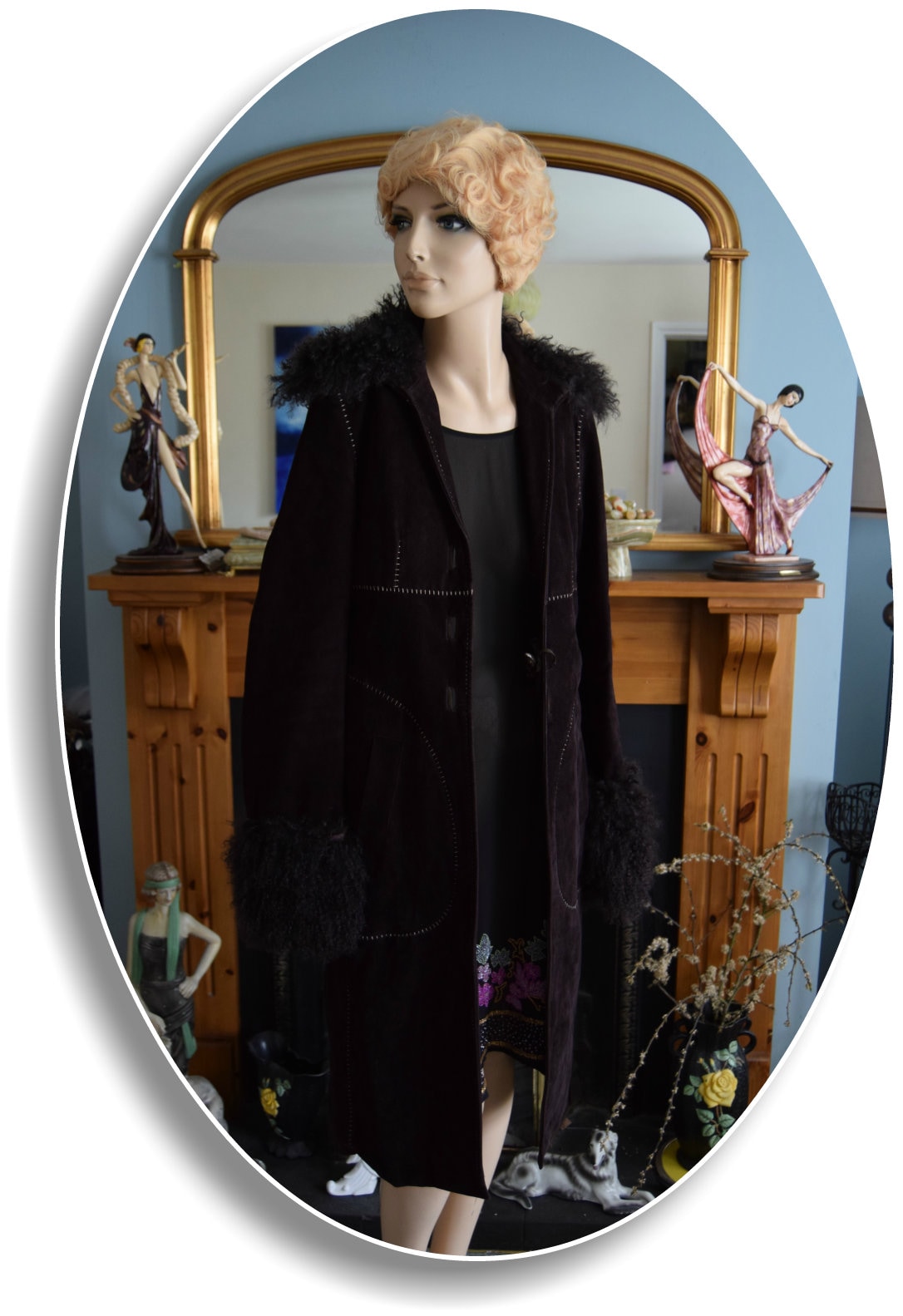 Vintage Penny Lane 1970s stylish thick embroidered long Mongolian fur hippy bohemian gypsy winter soft rich chocolate brown coat UK 8 US 4
