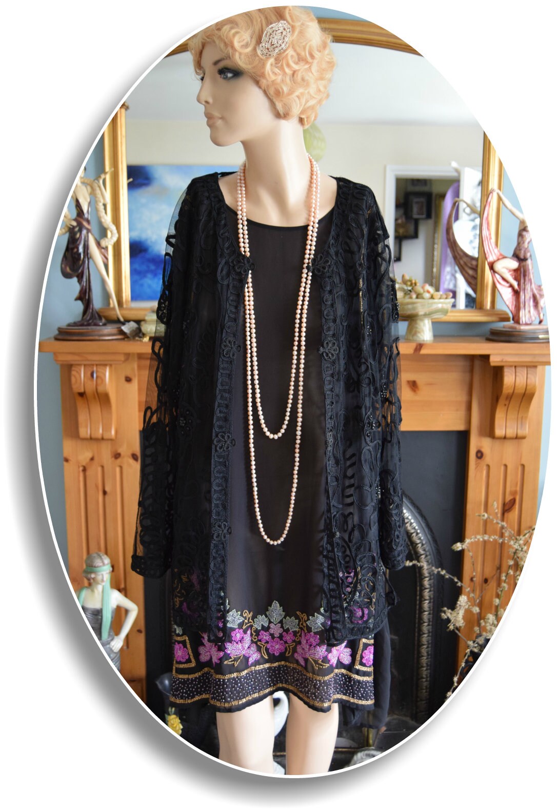 Vintage net Mesh Black Art Deco Avant Garde Semi Sheer 1920s flapper Charleston coat Long Jacket Kimono Duster size UK 12 14 US 8 10