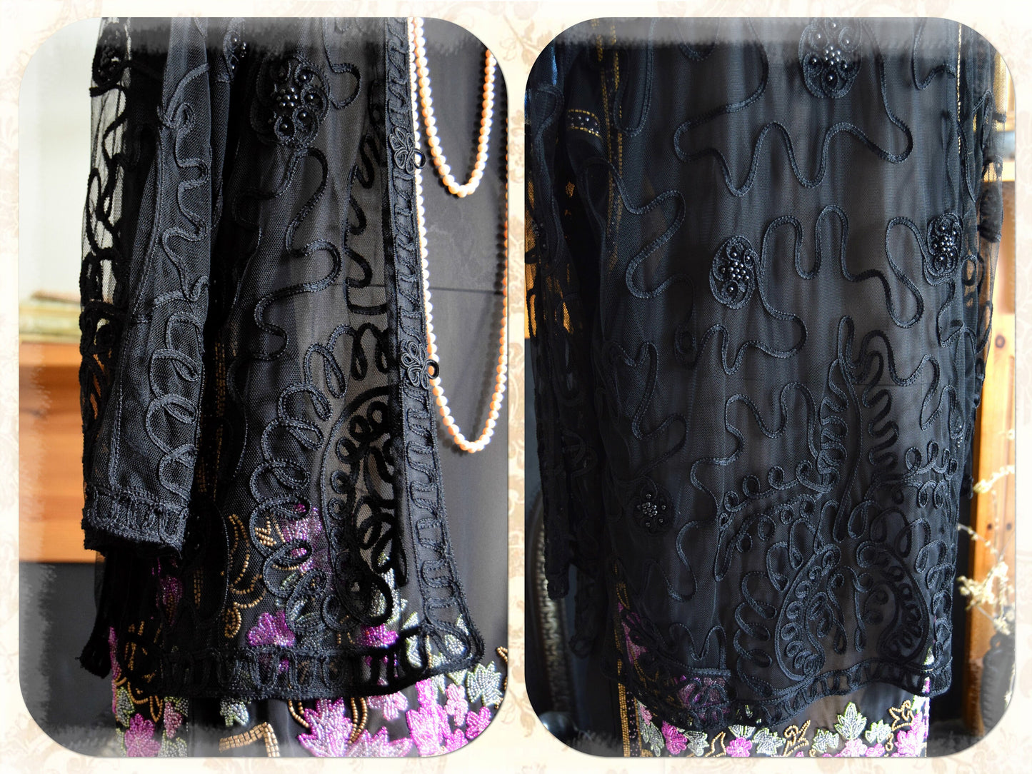 Vintage net Mesh Black Art Deco Avant Garde Semi Sheer 1920s flapper Charleston coat Long Jacket Kimono Duster size UK 12 14 US 8 10