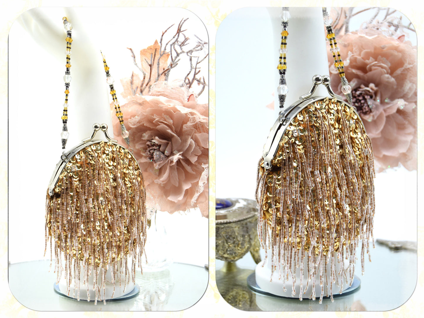 Flapper evening bag 1920s tasseled bag flapper beaded wedding bag vintage beaded bag gold beaded sequinned bag Art Deco evening bag purse