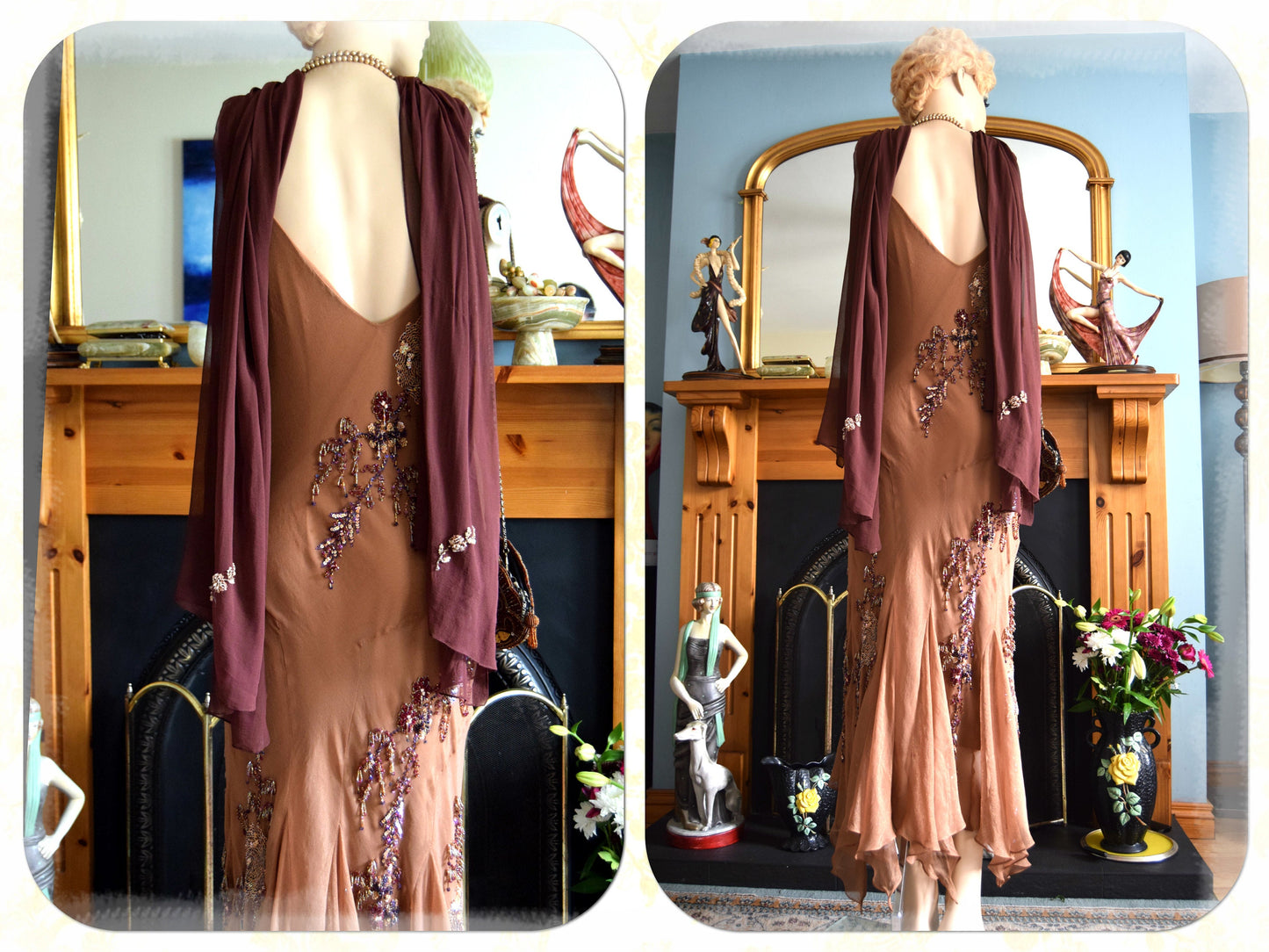 Magnificient vintage Downton Abbey all silk gold with beaded embellishments cappucciono gold organza dress UK 10 12 US 6 8