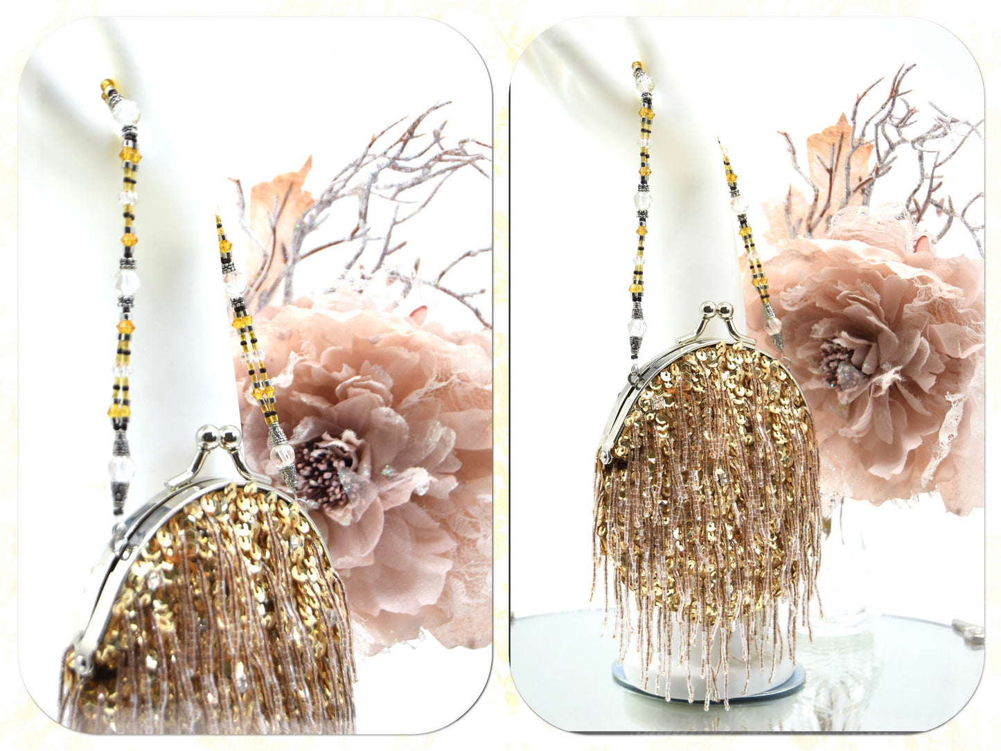 Flapper evening bag 1920s tasseled bag flapper beaded wedding bag vintage beaded bag gold beaded sequinned bag Art Deco evening bag purse
