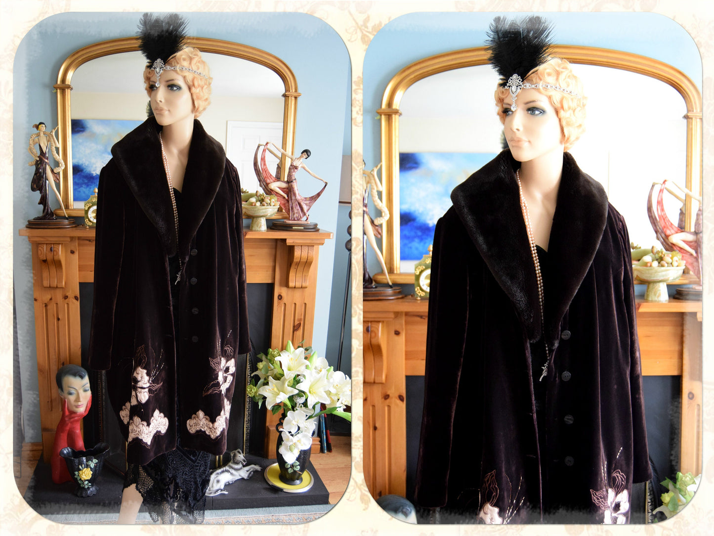 Vintage Luxurious Art Deco Brown Velvet Silk Lace Avant Garde Victorian Fur 1920s Flapper Coat UK 20 22 24 US 16 18 20