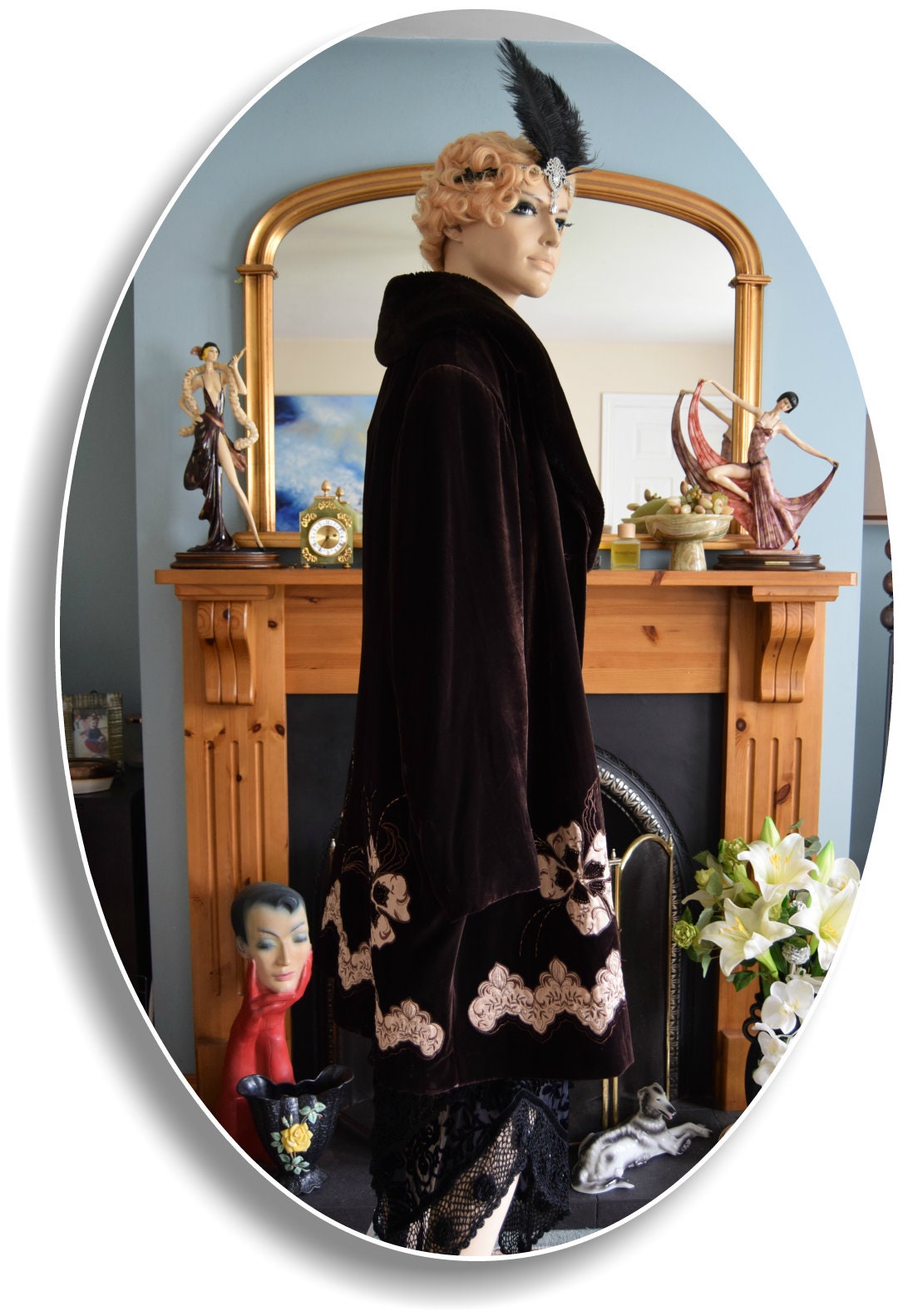 Vintage Luxurious Art Deco Brown Velvet Silk Lace Avant Garde Victorian Fur 1920s Flapper Coat UK 20 22 24 US 16 18 20