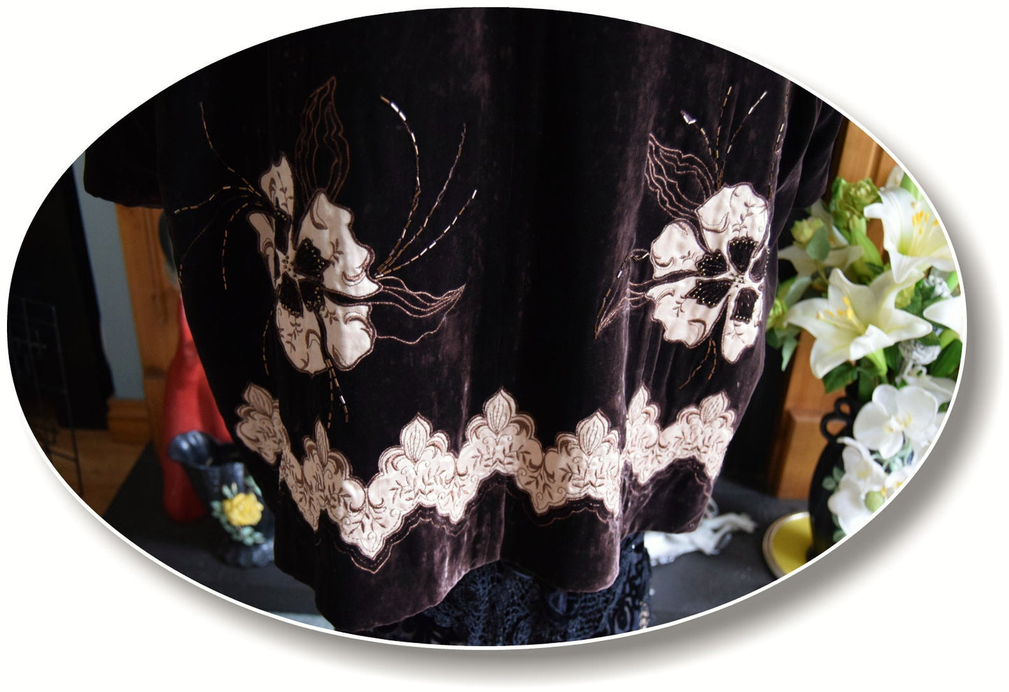 Vintage Luxurious Art Deco Brown Velvet Silk Lace Avant Garde Victorian Fur 1920s Flapper Coat UK 20 22 24 US 16 18 20