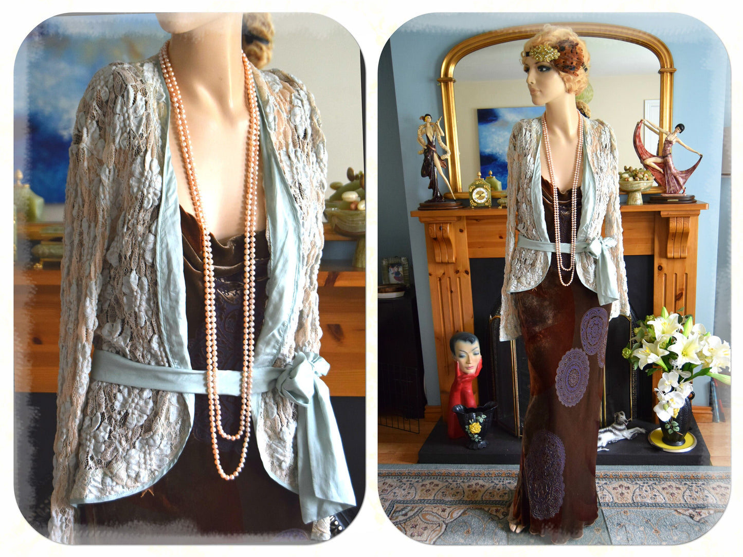 Beautiful green Art Deco short jacket Great Gatsby Downton Abbey lacy cardigan flapper 1920s duster size UK 8 10 US 4 8