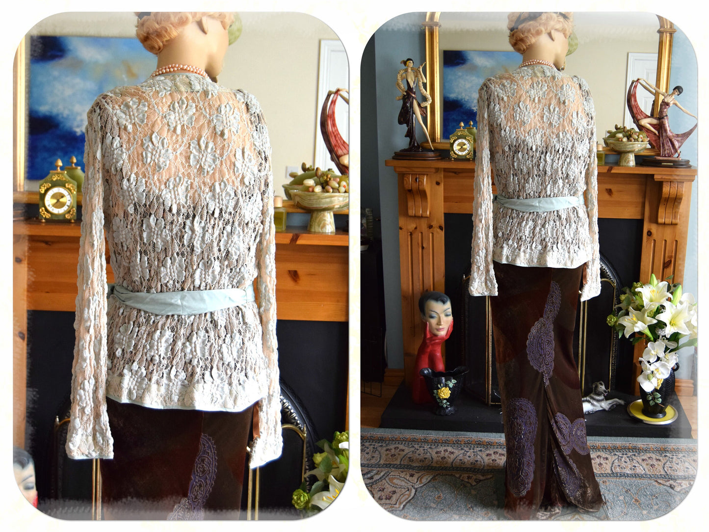 Beautiful green Art Deco short jacket Great Gatsby Downton Abbey lacy cardigan flapper 1920s duster size UK 8 10 US 4 8
