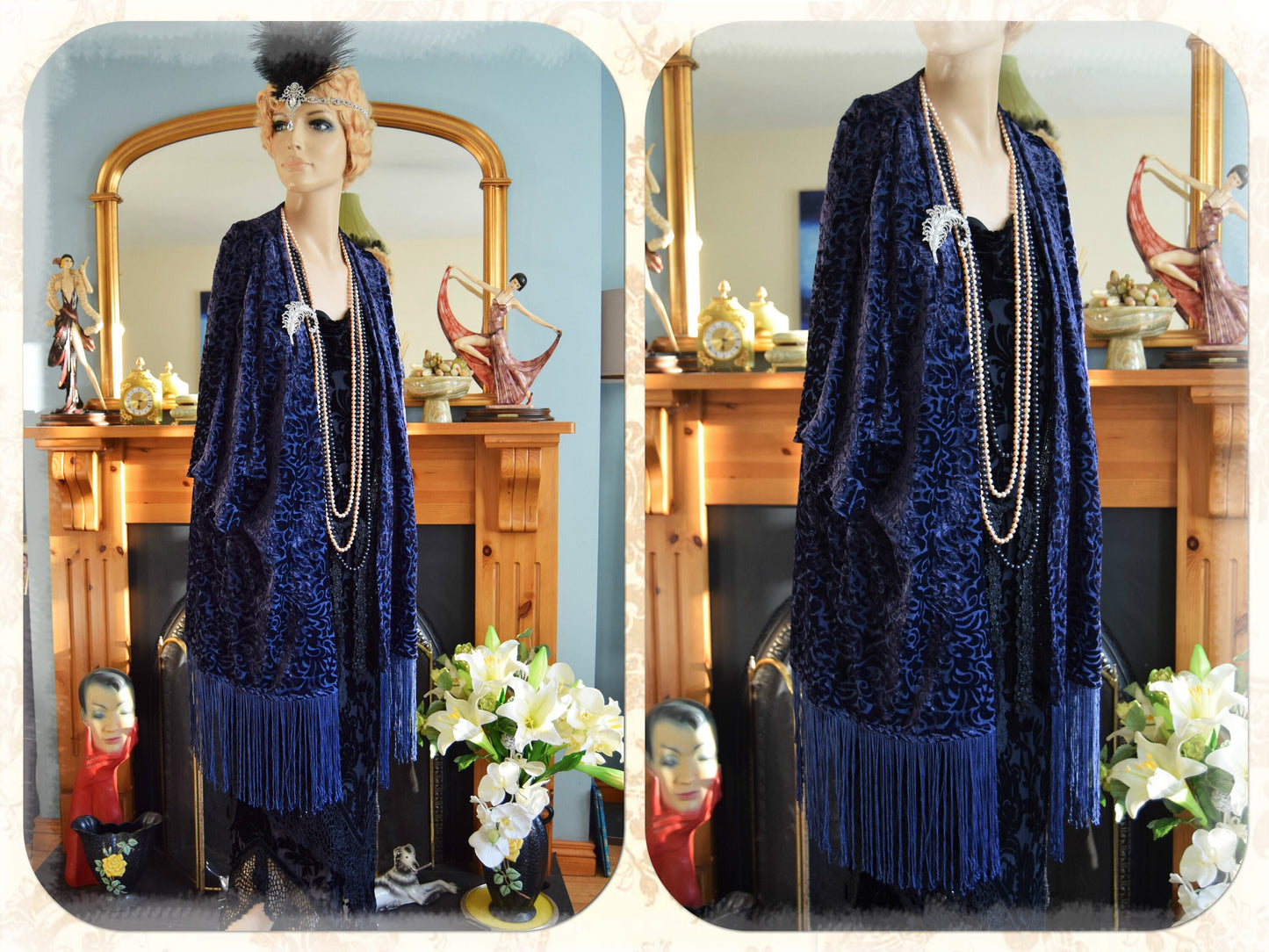 vintage navy blue oriental damask silk-devore velvet duster Art Deco 1920s flapper kimono fringe tassels 1920s blazer UK 10 12 US 6 8 10