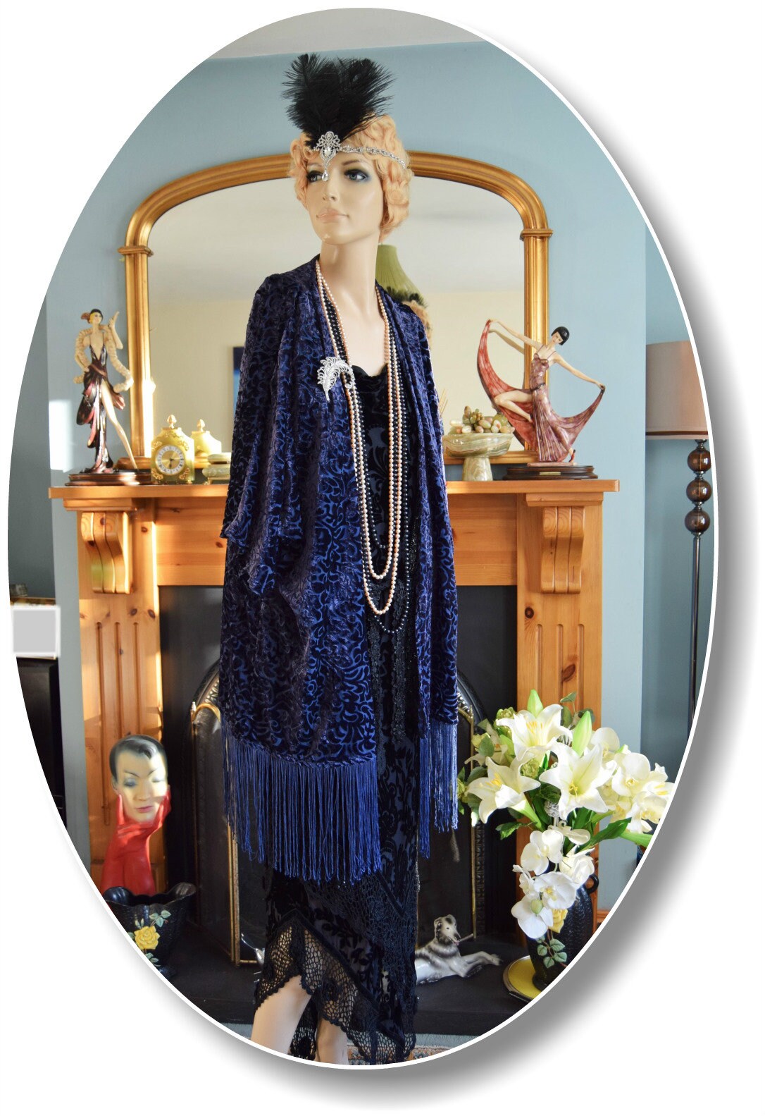 vintage navy blue oriental damask silk-devore velvet duster Art Deco 1920s flapper kimono fringe tassels 1920s blazer UK 10 12 US 6 8 10
