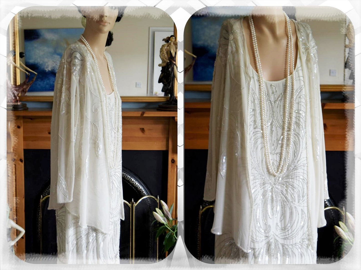 Flapper Charleston Gatsby vintage beaded tassel fringe wedding cocktail gown Avant Garde champagne angelic dress size UK 22 24 US 18 20