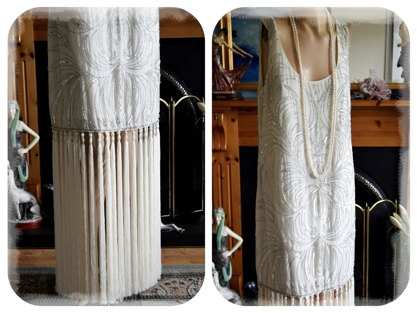 Flapper Charleston Gatsby vintage beaded tassel fringe wedding cocktail gown Avant Garde champagne angelic dress size UK 22 24 US 18 20