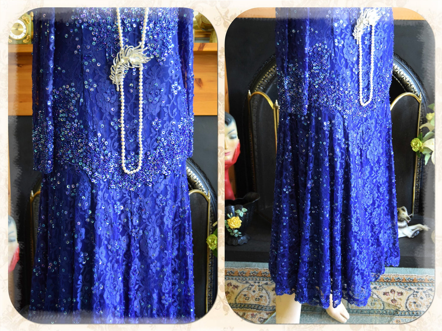 Art Deco dress flapper dress Downton Abbey dress 1920s dress blue Great Gatsby dress heavily beaded vintage dress size UK 12 14 US 8 10