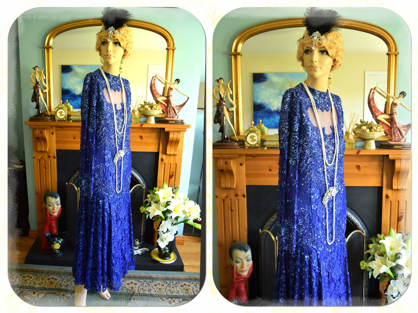 Art Deco dress flapper dress Downton Abbey dress 1920s dress blue Great Gatsby dress heavily beaded vintage dress size UK 12 14 US 8 10