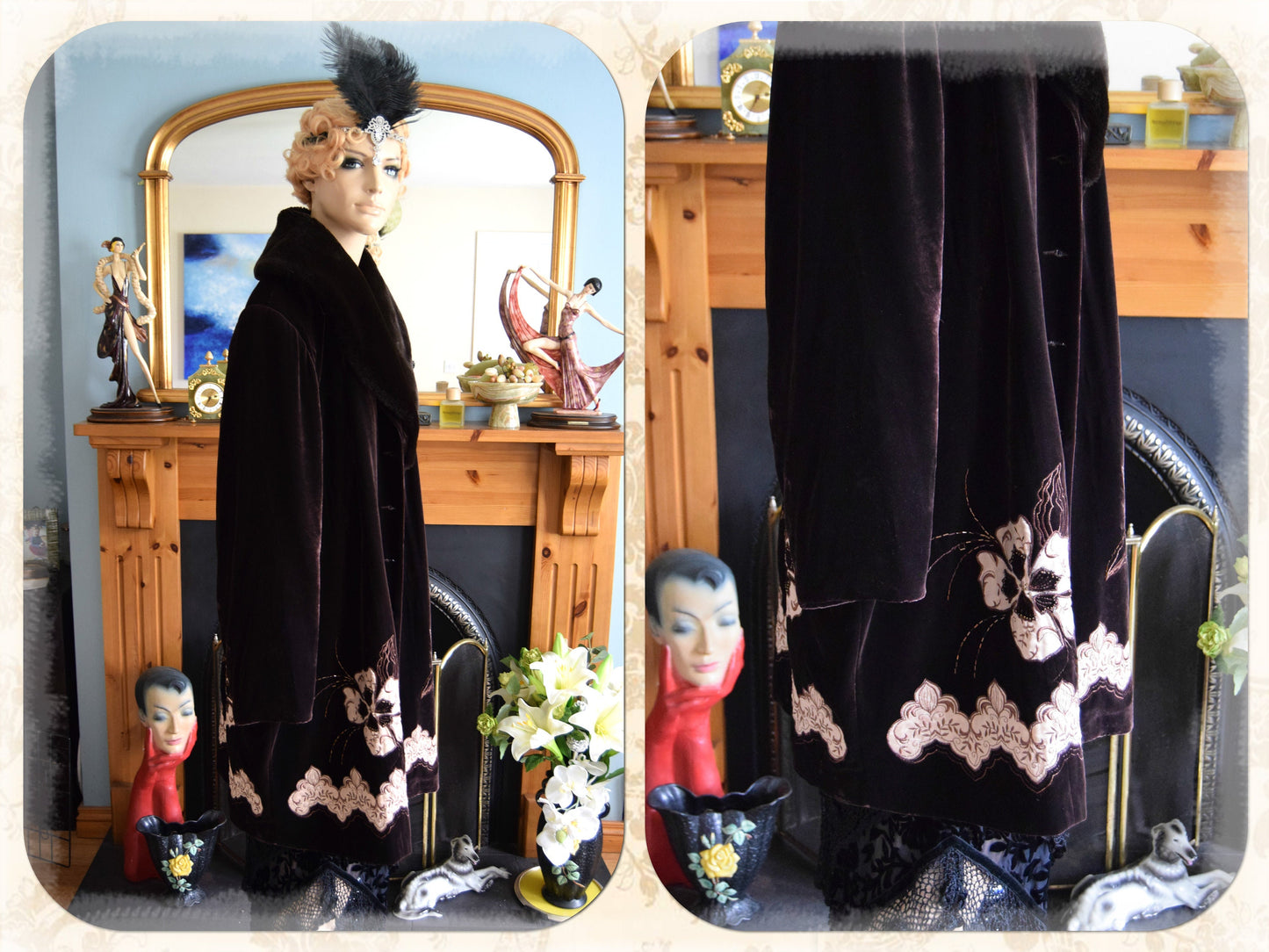 Vintage Luxurious Art Deco Brown Velvet Silk Lace Avant Garde Victorian Fur 1920s Flapper Coat UK 20 22 24 US 16 18 20