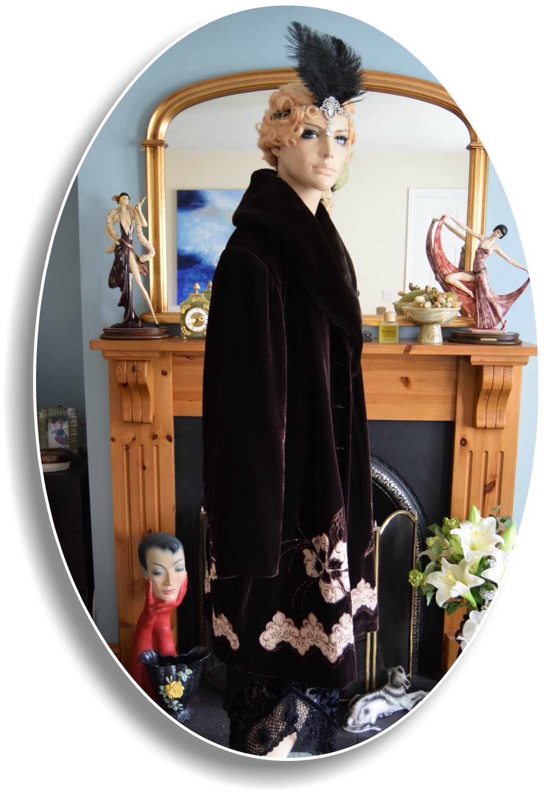 Vintage Luxurious Art Deco Brown Velvet Silk Lace Avant Garde Victorian Fur 1920s Flapper Coat UK 20 22 24 US 16 18 20