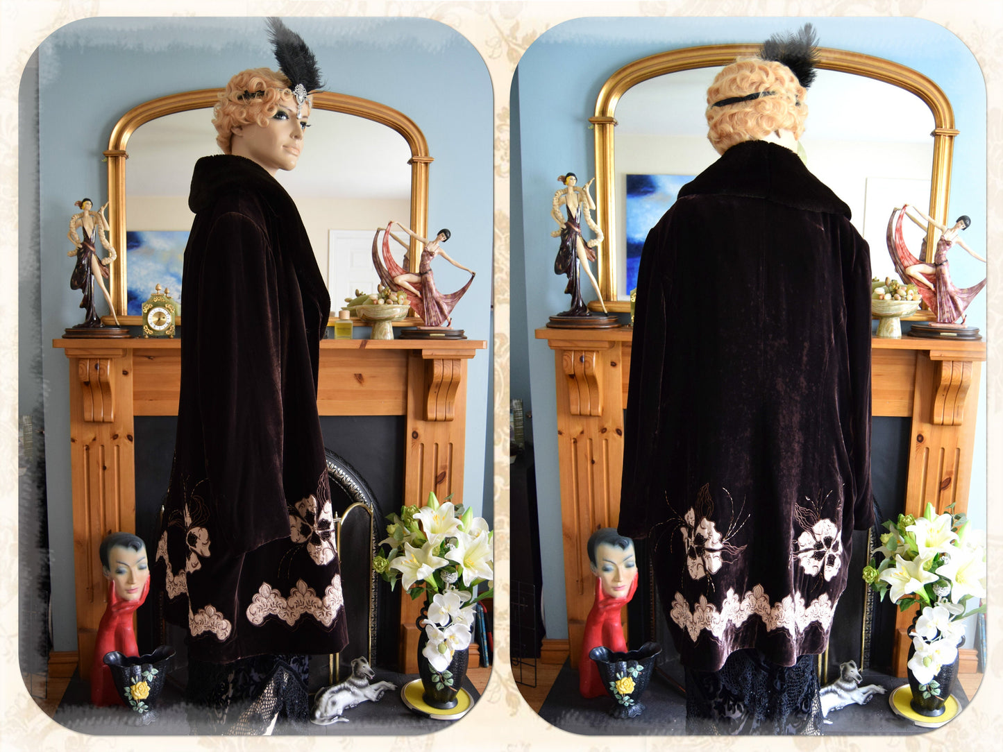 Vintage Luxurious Art Deco Brown Velvet Silk Lace Avant Garde Victorian Fur 1920s Flapper Coat UK 20 22 24 US 16 18 20