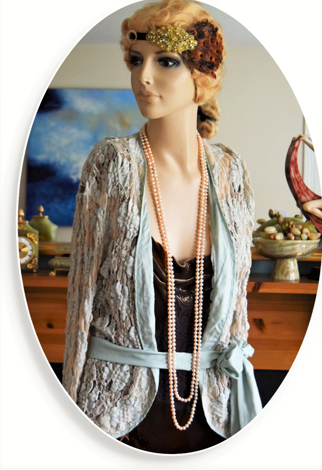 Beautiful green Art Deco short jacket Great Gatsby Downton Abbey lacy cardigan flapper 1920s duster size UK 8 10 US 4 8