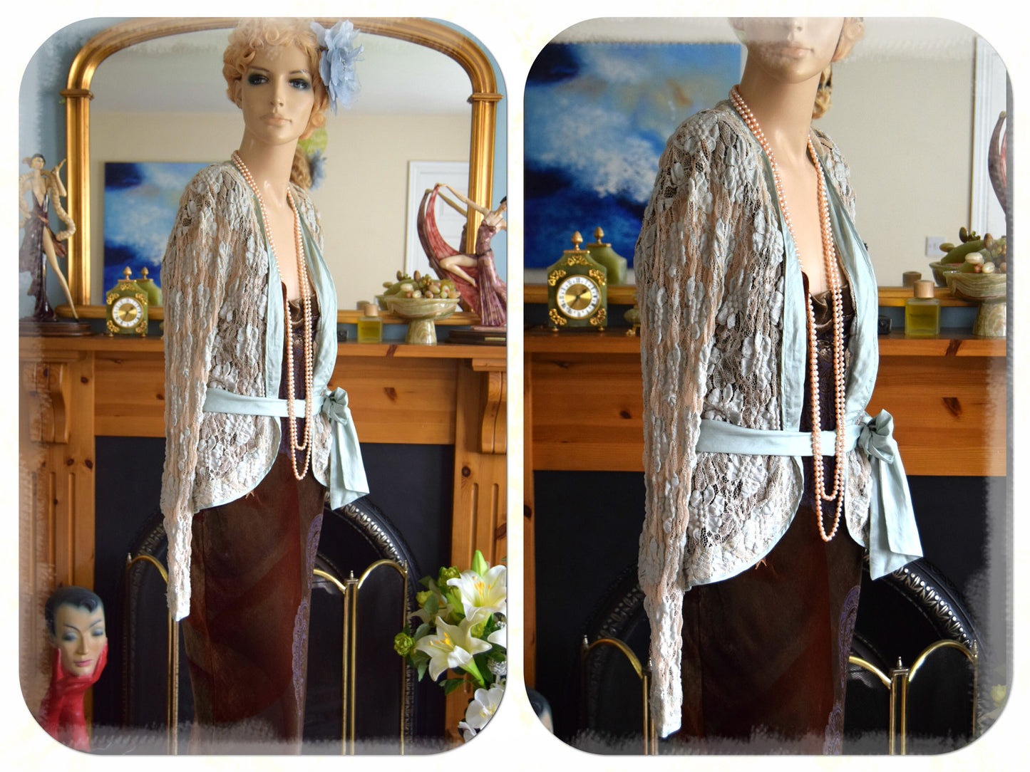 Beautiful green Art Deco short jacket Great Gatsby Downton Abbey lacy cardigan flapper 1920s duster size UK 8 10 US 4 8