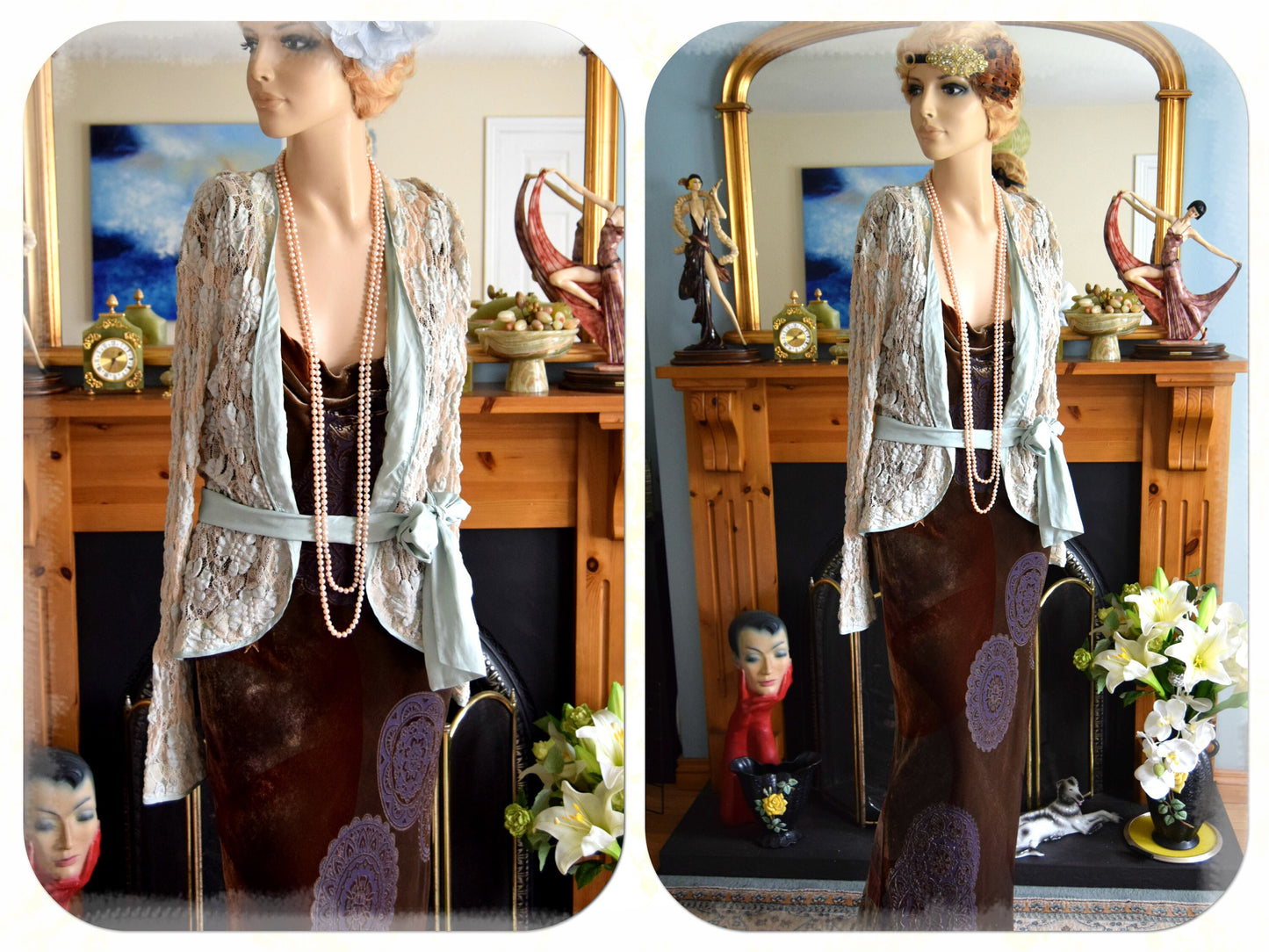 Beautiful green Art Deco short jacket Great Gatsby Downton Abbey lacy cardigan flapper 1920s duster size UK 8 10 US 4 8