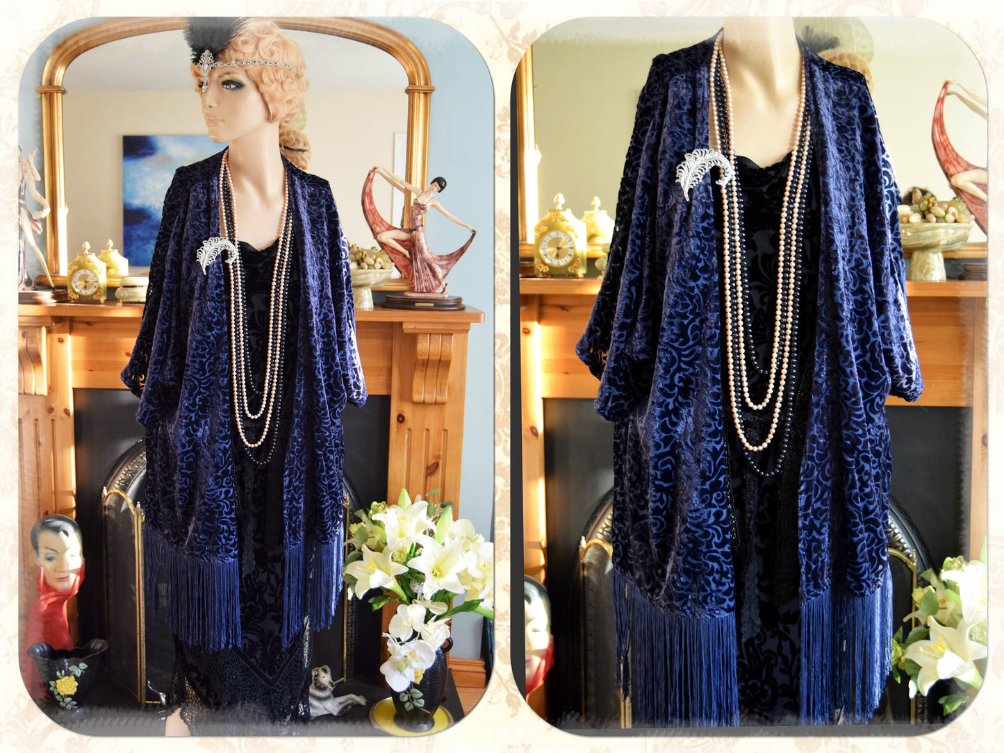 vintage navy blue oriental damask silk-devore velvet duster Art Deco 1920s flapper kimono fringe tassels 1920s blazer UK 10 12 US 6 8 10