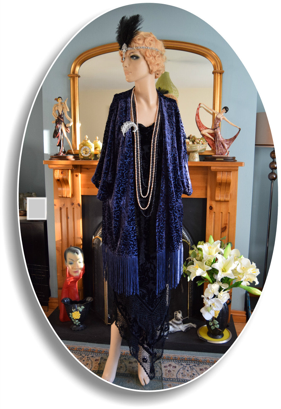 vintage navy blue oriental damask silk-devore velvet duster Art Deco 1920s flapper kimono fringe tassels 1920s blazer UK 10 12 US 6 8 10