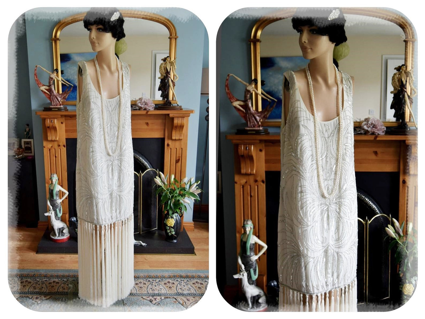 Flapper Charleston Gatsby vintage beaded tassel fringe wedding cocktail gown Avant Garde champagne angelic dress size UK 22 24 US 18 20