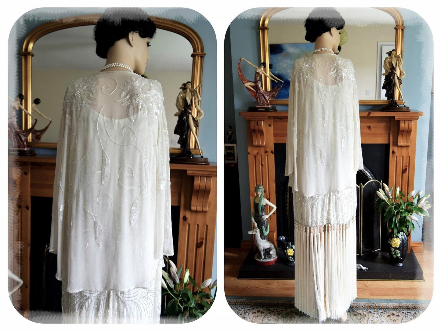 Flapper Charleston Gatsby vintage beaded tassel fringe wedding cocktail gown Avant Garde champagne angelic dress size UK 22 24 US 18 20