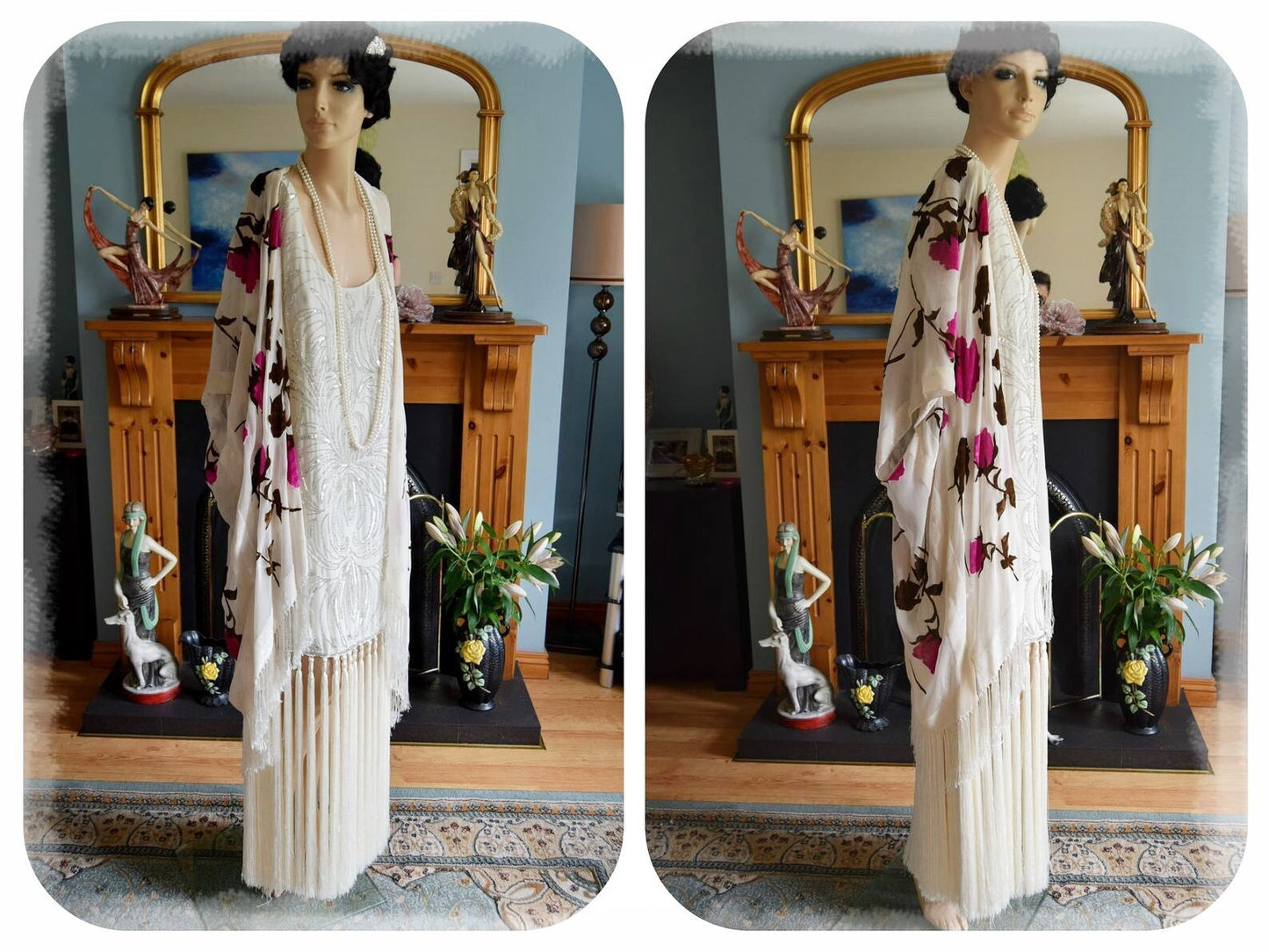 Flapper Charleston Gatsby vintage beaded tassel fringe wedding cocktail gown Avant Garde champagne angelic dress size UK 22 24 US 18 20