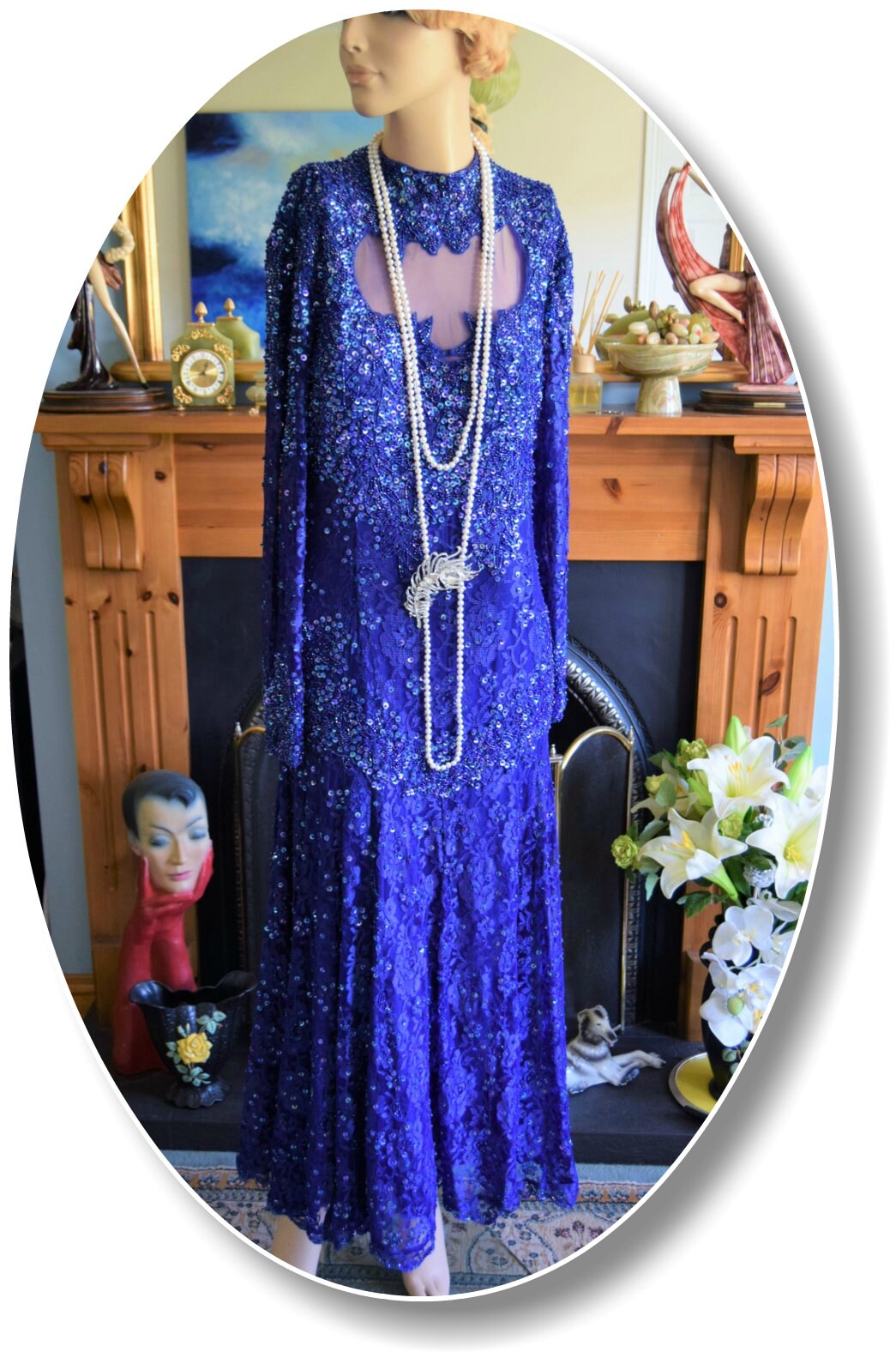 Art Deco dress flapper dress Downton Abbey dress 1920s dress blue Great Gatsby dress heavily beaded vintage dress size UK 12 14 US 8 10