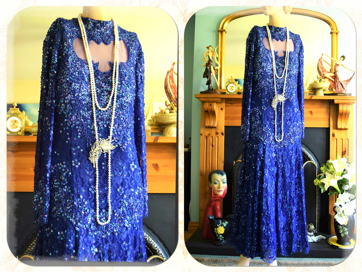 Art Deco dress flapper dress Downton Abbey dress 1920s dress blue Great Gatsby dress heavily beaded vintage dress size UK 12 14 US 8 10