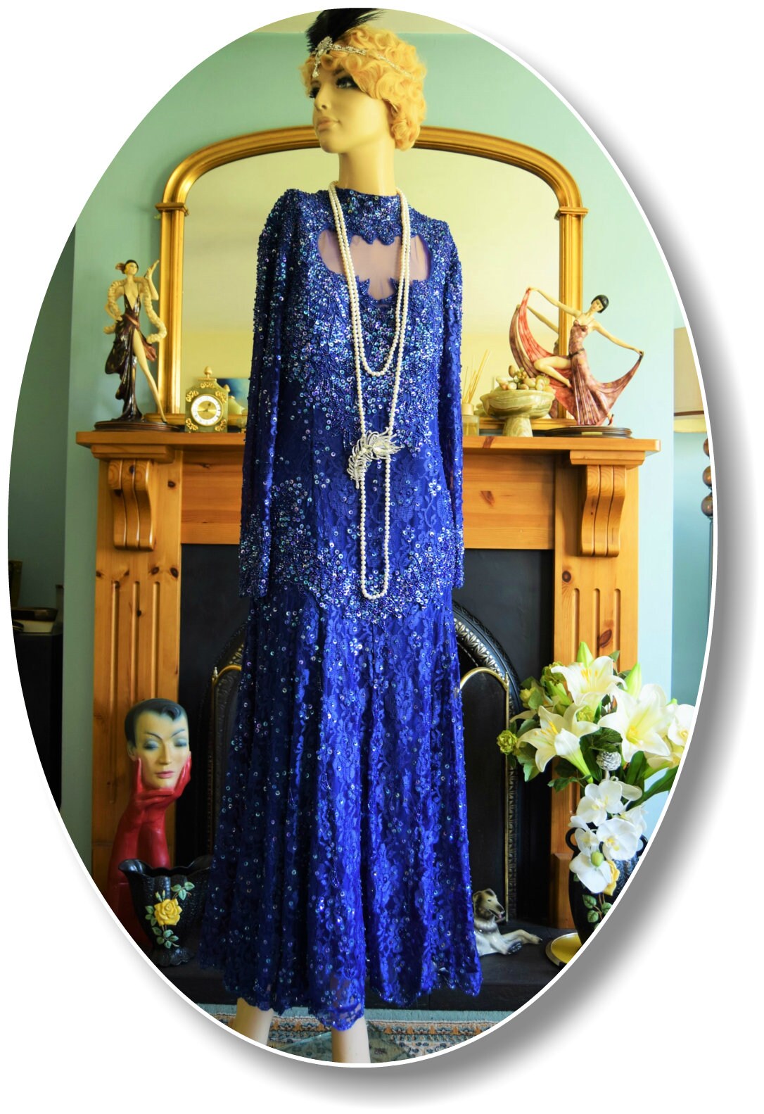 Art Deco dress flapper dress Downton Abbey dress 1920s dress blue Great Gatsby dress heavily beaded vintage dress size UK 12 14 US 8 10