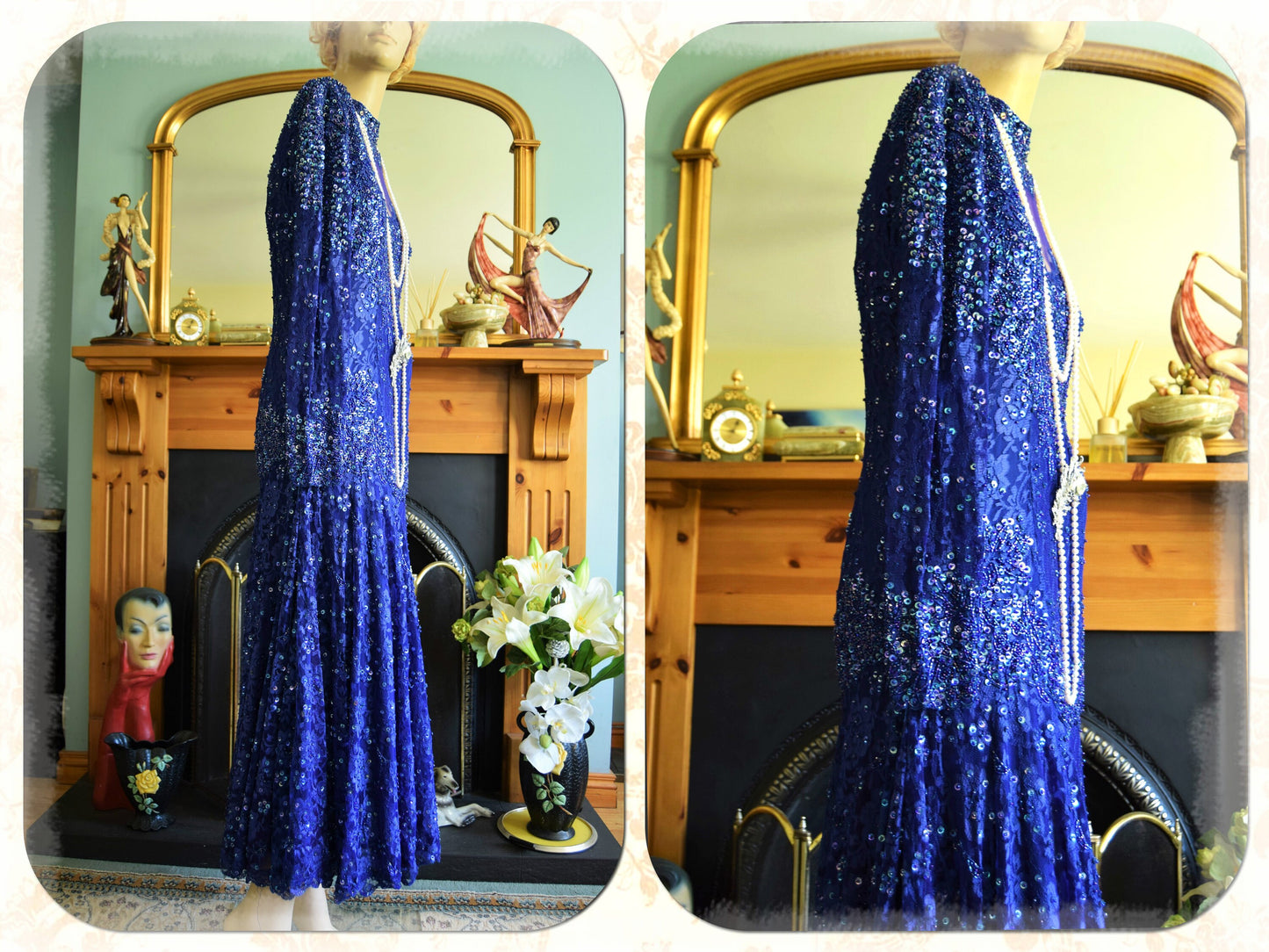 Art Deco dress flapper dress Downton Abbey dress 1920s dress blue Great Gatsby dress heavily beaded vintage dress size UK 12 14 US 8 10