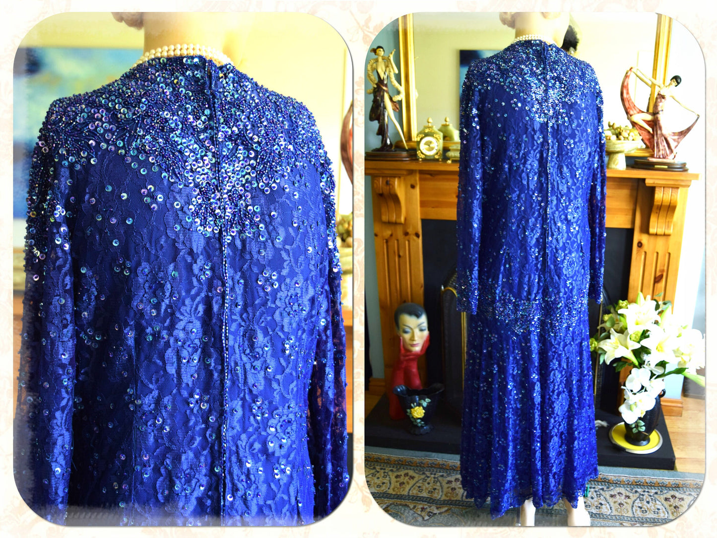 Art Deco dress flapper dress Downton Abbey dress 1920s dress blue Great Gatsby dress heavily beaded vintage dress size UK 12 14 US 8 10
