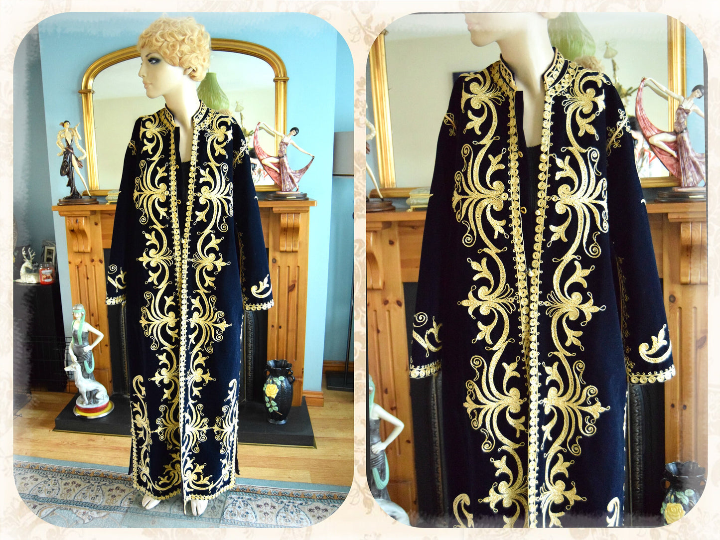 1970s original black persian velvet oriental coat bohemian long coat gypsy maxi coat boho velvet kaftan ethnic velvet robe size UK 12 US 8