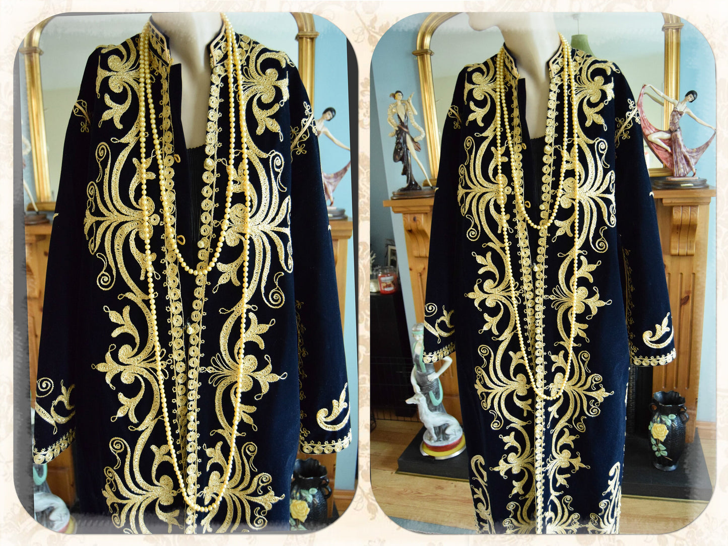 1970s original black persian velvet oriental coat bohemian long coat gypsy maxi coat boho velvet kaftan ethnic velvet robe size UK 12 US 8